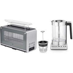 Тостер WMF Lono, стеклянный с насадкой для булочек, 2 ломтика, XXL, моторизованный держатель тостов и чайник Lono 2-в-1 Vario с регулировкой температуры