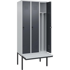 C + P Möbelsysteme C+P | Schwarz-Weiß-Spind Classic Plus Sitzbank | schmal | 3 Abteile | Trennwand verkürzt | lichtgrau/grau | B 900 mm | Sicherheits-Drehriegel | auskragend | Kunststoff