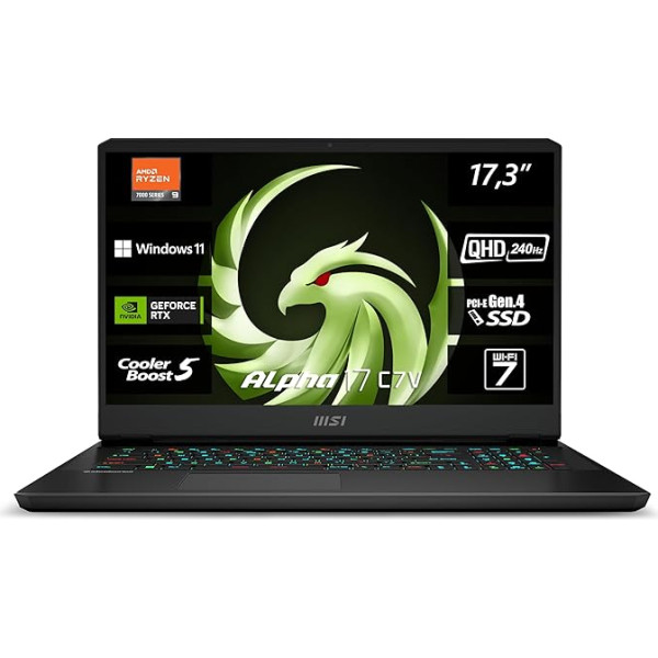 Игровой ноутбук MSI Alpha 17 C7VG-031, 17.3 дюйма QHD, 240 Гц, AMD Ryzen 9 7945HX, 32 ГБ DDR5-5200, 1 ТБ SSD, NVIDIA GeForce RTX 4070, Windows 11 Home, клавиатура QWERTZ, черный