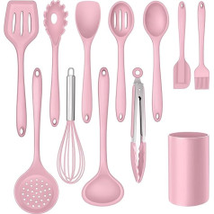 Herogo Küchenutensilien-Set, Silikon, mit Halter zum Backen, Kochen, antihaftbeschichtet und hitzebeständig, inklusive Spatel, Schneebesen, Löffel, Pfannenwender, Zange, spülmaschinenfest (Rosa)