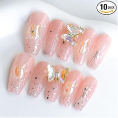 Sun&Beam Nails Ложные ногти ручной работы средней длины в форме гроба Ногти балерины для наклеивания в розовой бабочке 3D-глиттерный дизайн с клей