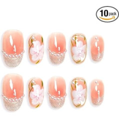 Sun&Beam Nails Ложные ногти ручной работы средней длины овальные накладные ногти в розовых цветах жемчужный дизайн с клейкой подушечкой 10 шт. (#001 