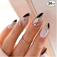 24 Шт. Короткий Овальный Черный Белый Клей На Золоте Глиттер Волна Ложные Ногти Пресс На Съемные Ногти Клей На Полное Покрытие Ногтевого Иск