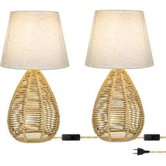 Настольная лампа из бамбука Ретро прикроватная лампа с вилкой и выключателем Декор E14 Настольная лампа Тканевый абажур и плетеная основа р