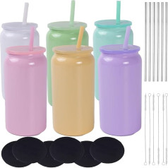 QUIXELL-SH Набор стеклянных стаканов с крышкой и соломинкой, 473 мл, 6 предметов, пастельные цвета, включая щеточки для чистки и подставки (6 предме