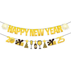 Баннер с Новым годом, Happy New Year Dekorationen 2025, 2025 Silvester Party Glitzer Wimpelkette Banner Girlande, Silvester Party Supplies 2025