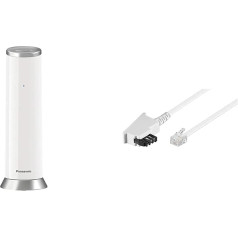 Дизайнерский телефон Panasonic KX-TGK220GW с автоответчиком (будильник, домашний телефон (беспроводной), HD-телефония, Eco-Plus) белый и соединительный ка