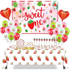 Клубника Первый День Рождения Вечеринка Украшения Столовые Принадлежности Набор Включает Фото Фон Тарелки Салфетки Фольга Воздушные Шар