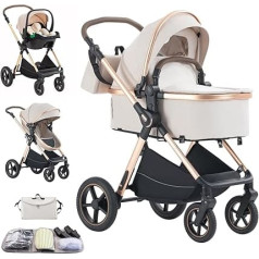 Коляска 3 в 1 в комплекте Детская комбинированная коляска до 22 кг, Складывается, Большие резиновые шины, Большая корзина для покупок, Теплая 