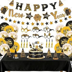 Набор новогодних украшений 2026 - баннер, скатерть, топперы для тортов, надувные шары для вечеринки, новогодние колпаки и бокалы