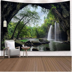 Настенная вешалка, зеленый, гобелен, натуральный водопад, гобелен джунгли, гобелен горы, камни, микрофибра, моющийся гобелен, XXL, 300 x 260 см