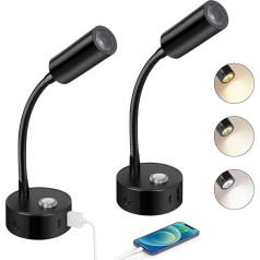 2 светодиодные лампы для чтения, 12 В для автодома, сенсорная регулировка яркости, 3000 K - 6000 K, 360° гибкая лампа на шею с USB A+C разъемами для лодки,