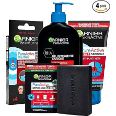 Garnier PureActive Activated Carbon Cleansing Gel 250 ml + Charcoal Face Soap 100 g + Strips T-Zone Anti Blackheads 4 Plasters + Treatment 3-in-1 Charcoal 150 ml