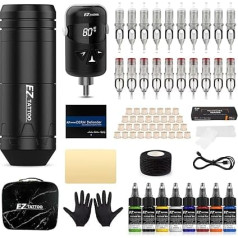 EZ Tattoo Machine Set - набор для татуировки в комплекте с вращающейся татуировочной машинкой, источником питания 1100 мАч, 20 игл для татуировки и 8 цве