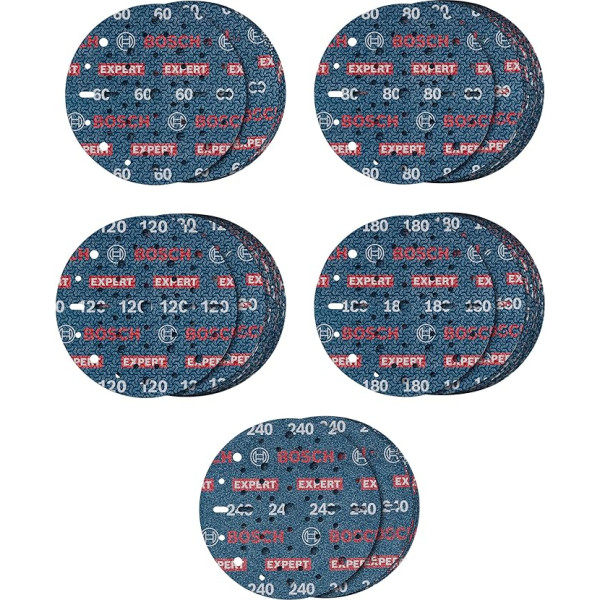 Bosch 55 x Expert O780 Набор шлифовальных дисков с фольгой, 150 мм, 55 штук (для твердой древесины, лака по дереву, диаметр 150 мм, зернистость 5 x 60, 15 x 80, 15 x 1