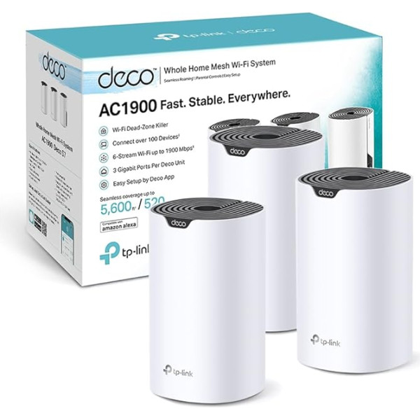 TP-Link Deco S1900 Mesh WLAN Set (Pack of 3), AC1900 Dual Band Router & Repeater, 3 x Gigabit Ports for Each Unit, Recommended for Homes with 3-5 Bedrooms, Comprehensive Youth Protection