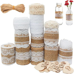 8 м джутовая лента с кружевом, 13 м кружевная лента белая винтажная, 10 м джутовый шнур, упаковка из 30 деревянных дисков для украшения поделок, 