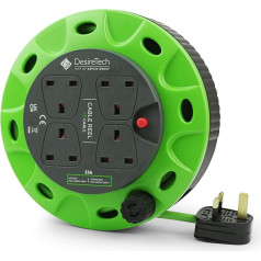 Портативный удлинительный кабель Desiretech для кабельного барабана - 4 гнезда, термовырез, эргономичная ручка, зеленый/черный, сверхмощный удл