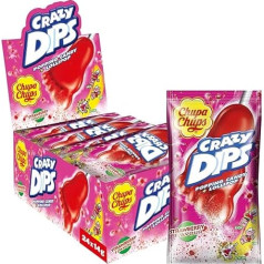 Chupa Chups Crazy Dips Strawberry, 24 кусочка с фруктовым сладким клубничным вкусом, подходит для дня рождения, Хэллоуина, Рождества, 24 x 14 г.
