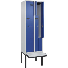 kaiserkraft | Z-Spind Evolo Plus Sitzbank | 2 Abteile | lichtgrau/enzianblau | B 600 mm | Zylinderschloss | mit auskragender Sitzbank | Kunststoff