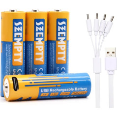 SZEMPTY Перезаряжаемые литиевые 1,5 В аккумуляторы AA, упаковка из 4, USB-C литий-ионные аккумуляторы AA 2600 мВтч (1733 мАч), с зарядным кабелем 4-в-1 Type C, б
