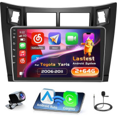 2 + 64G Android 15 CarPlay Радио для Toyota Yaris 2006-2011, 9-дюймовый сенсорный экран с беспроводной CarPlay и Android автомобиля, поддержка GPS Навигация Ссылка Зеркал