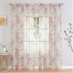 BUHUA Вуалевые шторы, полупрозрачные шторы в цветочек с карманом, шторы-шарфы, прозрачные шторы для гостиной, комплект из 2, 225 x 140 см (В x Ш), розо