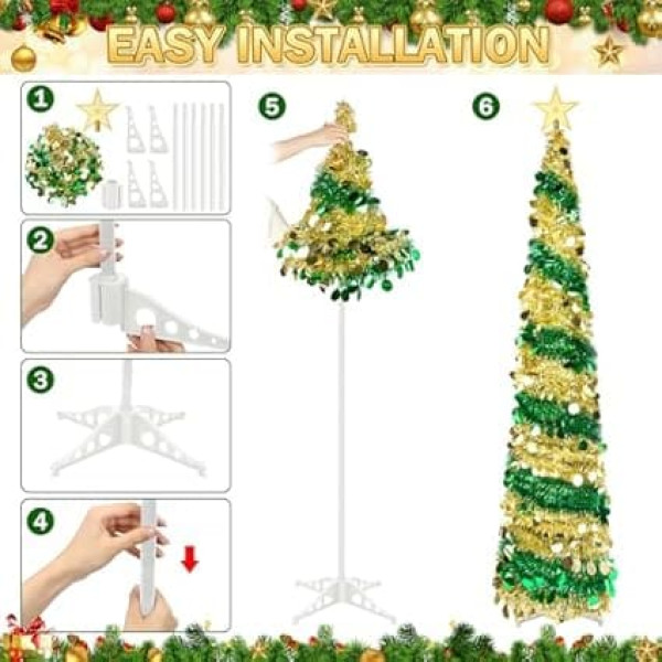 Искусственная елка с подставкой, 1,8 м / 6 футов Складная всплывающая елка с блестками для Рождества, вечеринки, украшения дома, золотисто-зел
