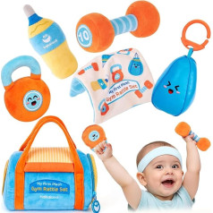 hahaland Baby Toys for 3-6-12 Months, Fitness-Inspired Baby Sensory Toy, Plush Gym Rattle Set with Dumbbell, Kettlebell, and Tummy Time Toys - Newborn Essentials & Shower Gifts for Boys & Girls