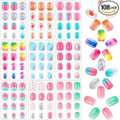 DTOFOOT Künstliche Nägel zum Aufdrücken für Kinder, Acryl, vollständige Abdeckung, künstliche Nägel zum Aufdrücken, für Kinder, Geburtstag, Party, Geschenk, Nagelkunst, Dekoration, 9 Stück
