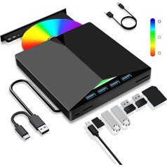 Dictien Внешний CD DVD привод, внешний USB 3.0 Type-C с SD/TF Card Reader, портативный CD/DVD +/-RW Burner, быстрая передача данных для ПК, ноутбука, рабочего стола, Win11/10/8
