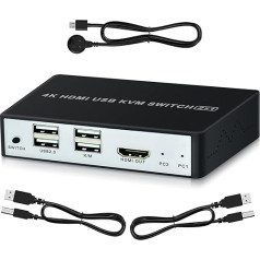 KVM переключатель, SZJUNXIAO USB переключатель HDMI 2 порта, USB и HDMI переключатель поддерживает UHD 4K @ 60 Гц с 2 USB кабелями и 1,5 м длинной настольный перек