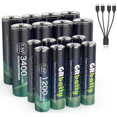 GRbatty USB C Перезаряжаемые литиевые батареи AA 3400 мВтч 8 штук, USB C 1,5 В Перезаряжаемые батареи AAA 1200 мВтч 8 штук с кабелем для зарядки 4 в 1
