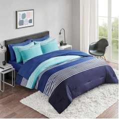 Comfort Spaces Complete Comforter Set with Sheet - Bed in a Bag, 9 Piece Teen Bedding Set, Navy and Grey Stripe, Complete College Bedding Set, 2 Side Pockets