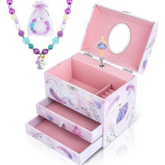 Шкатулка для украшений Anyiner Ballerina для девочек, детская музыкальная шкатулка с вращающейся балериной, 2 ящиками и набором украшений с единор