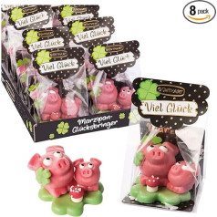 Günthart Марципановые свиньи большая и маленькая на листе клевера и грибе в целлофановом пакете, упаковка из 8 штук (456 г)