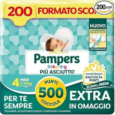Pampers Baby Dry Maxi Размер 4 (7-18 кг), 200 подгузников + 500 дополнительных точек для объятий бесплатно