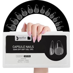 Beautilux Наконечники для ногтей, 552 штуки, короткие миндальные наконечники для гелевых ногтей, прозрачные, 12 размеров, предварительно слоеные 