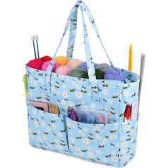 Aeelike Blue Wool Bag Yarn Organiser Bag for Travel, Portable Storage Bag for Wool, Crochet Hooks, Accessories, Knitting Needles Storage, 35.5 x 30 x 12.5 cm, Handmade Bag for Knitting