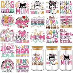 УФ DTF наклейки для чашки: 20 штук мама УФ DTF наклейки для стеклянной бутылки с водой 16 фунтов, забавный цветок леопарда, UVDTF наклейки, натирать 