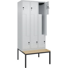 C + P Möbelsysteme C+P | Z-Spind Classic Plus Sitzbank | 3 Abteile | lichtgrau | B 900 mm | Sicherheits-Drehriegel | untergebaut | Buche-Hartholz