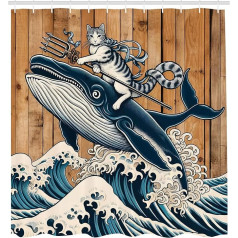 ABAKUHAUS Nautical Shower Curtain Funny Rustic Sea Scene with Hero Cat Riding a Wave Fabric Fabric with Hooks 175 x 200 cm Pale Caramel Petrol Blue