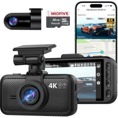Miofive Dual Car Camera, Dash Cam Car с 4K, 2160 x 1440, Dash Cam Car 5.8GHz WiFi с 32GB SD Card, Dual Rear Dash Cam с ночным видением, GPS, HDR, G-Sensor, Loop Recording, App Control, Max 512GB