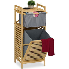 Корзина для белья Relaxdays, опрокидывающаяся, 30 литров, полка и ящик, бамбук, ткань, В x Ш x Г: 95 x 40 x 33 см, натуральный/серый