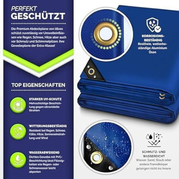 tillvex® Брезент с люверсами + 10 х эластичных лент и 15 м веревки, Ткань брезент 650 г/м² водонепроницаемая и устойчивая к разрывам, премиум ПВХ бр