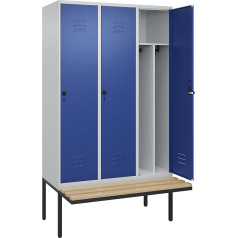 C + P Möbelsysteme C+P | Schwarz-Weiß-Spind Classic Plus Sitzbank | schmal | 3 Abteile | Trennwand verkürzt | lichtgrau/enzianblau | B 1200 mm | Sicherheits-Drehriegel | auskragend | Buche-Hartholz