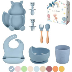 TudoBem Baby Tableware Set [8 Pieces] - Детская силиконовая посуда - тарелка с присоской, миска, ложка, вилка, чашка для питья, нагрудник - идеально подходит д