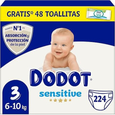 Подгузники Dodot Sensitive Baby, размер 3 (6-10 кг), 224 подгузника + 40 влажных салфеток (4 x 10), аква, без пластика, оптимальная защита кожи Dodot, упаковка Mensual