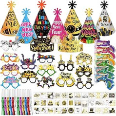 DPKOW 77 шт. Новогоднее украшение 2025 Набор для вечеринки, красочные новогодние шляпы Новогодние очки 2025 Новый год Татуировки конфетти Пушечны