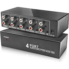 BolAAzuL Audio Splitter 3.5mm Aux + RCA L/R 1 in 4 Outputs 4 Way Stereo Audio Distribution Box 4K Stereo RCA Splitter 1x4 for DVD Player, Game Console, Headphones, Speakers - With